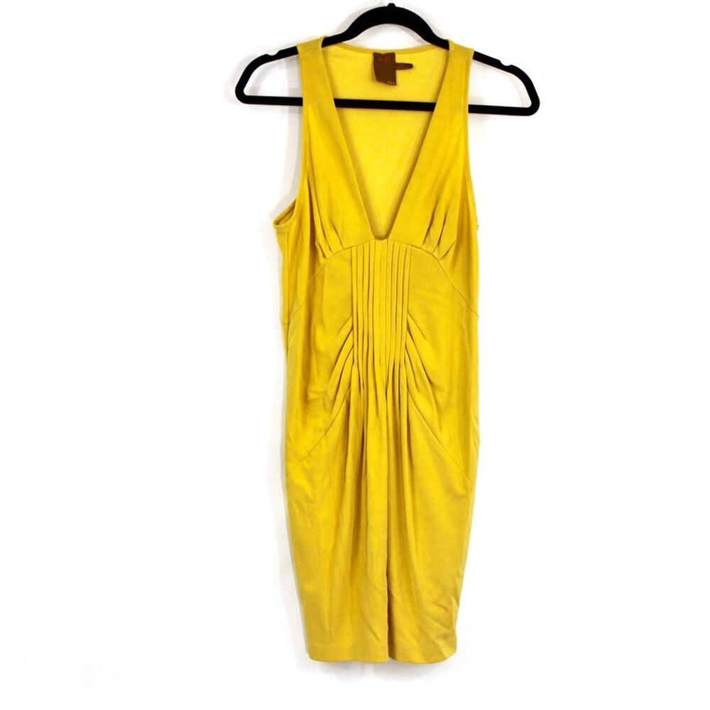 0050 Ali Ro Yellow V-Neck Cocktail Dress Size 8 Slinky Ruched Knee Length - Picture 2 of 8